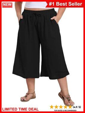 Plus Size Wide Leg Capri Pants Stretch Drawstring Palazzo with Pockets